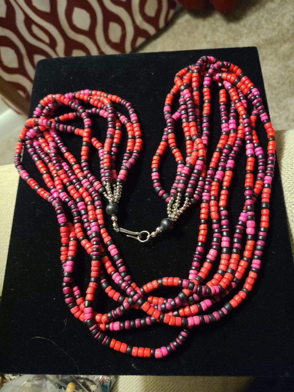 6 Strand Long Beaded Necklace Gypsy Bohemian Style Pink Black Red